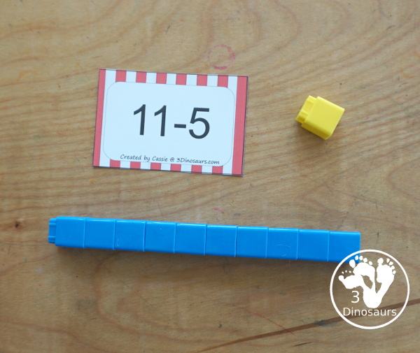 Free Subtraction Flashcards: 1 to 10 for kindergarten, first grade, and second grade with ways to use with and five color options for the subtraction flash cards - 3Dinosaurs.com