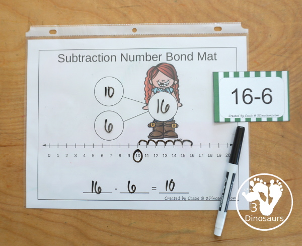 Free Subtraction Flashcards: 1 to 10 for kindergarten, first grade, and second grade with ways to use with and five color options for the subtraction flash cards - 3Dinosaurs.com