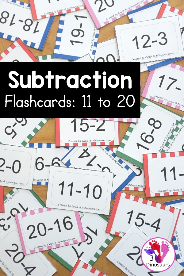Free Subtraction Flashcards: 1 to 10 for kindergarten, first grade, and second grade with ways to use with and five color options for the subtraction flash cards - 3Dinosaurs.com