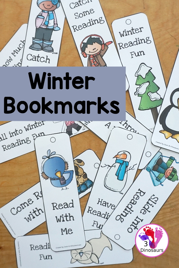 FREE Winter Themed Bookmarks - You have 12 bookmarks to use with kids. Each bookmark has a fun reading phrase on the bookmark. There are snow angels, kids, snowbirds, snowman, snowflakes, winter tree, seal, and skates on the winter bookmarks - 3Dinosaurs.com
