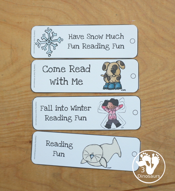 FREE Winter Themed Bookmarks - You have 12 bookmarks to use with kids. Each bookmark has a fun reading phrase on the bookmark. There are snow angels, kids, snowbirds, snowman, snowflakes, winter tree, seal, and skates on the winter bookmarks - 3Dinosaurs.com