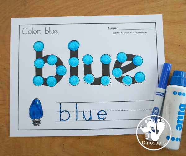 Christmas Light Dot Marker Color Word Printable - a fun printable that has a dot marker color word, a color word to trace, and a Christmas Light matching the color or a Christmas Light to color to match the word. - 3Dinosaurs.com