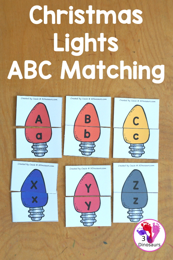 Free Christmas Lights ABC Matching Printable - a fun letter matching printable for kids with different colored Christmas lights. You match uppercase letters and lowercase letters- 3Dinosaurs.com