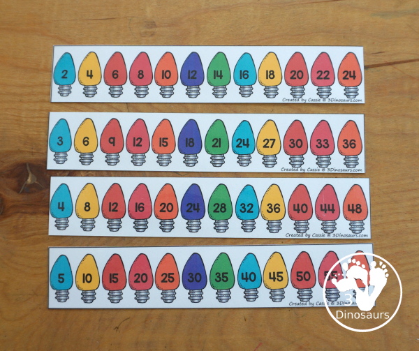 Free Christmas Light Counting Strips with skip counting from 1 to 12 with skip counting at least 12 times. You have skip counting forward and skip counting backward as well in the strips. You have three strips for each number, a skip counting Christmas light strip, plus a recording sheet. - 3Dinosaurs.com