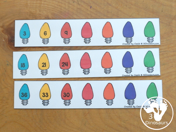 Free Christmas Light Counting Strips with skip counting from 1 to 12 with skip counting at least 12 times. You have skip counting forward and skip counting backward as well in the strips. You have three strips for each number, a skip counting Christmas light strip, plus a recording sheet. - 3Dinosaurs.com
