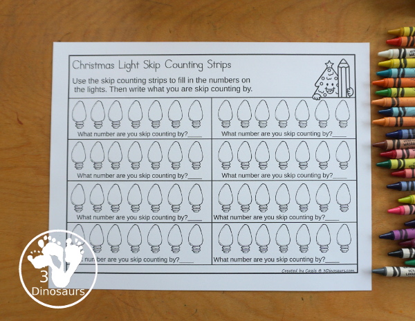 Free Christmas Light Counting Strips with skip counting from 1 to 12 with skip counting at least 12 times. You have skip counting forward and skip counting backward as well in the strips. You have three strips for each number, a skip counting Christmas light strip, plus a recording sheet. - 3Dinosaurs.com