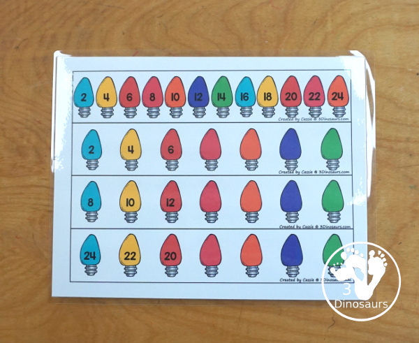 Free Christmas Light Counting Strips with skip counting from 1 to 12 with skip counting at least 12 times. You have skip counting forward and skip counting backward as well in the strips. You have three strips for each number, a skip counting Christmas light strip, plus a recording sheet. - 3Dinosaurs.com