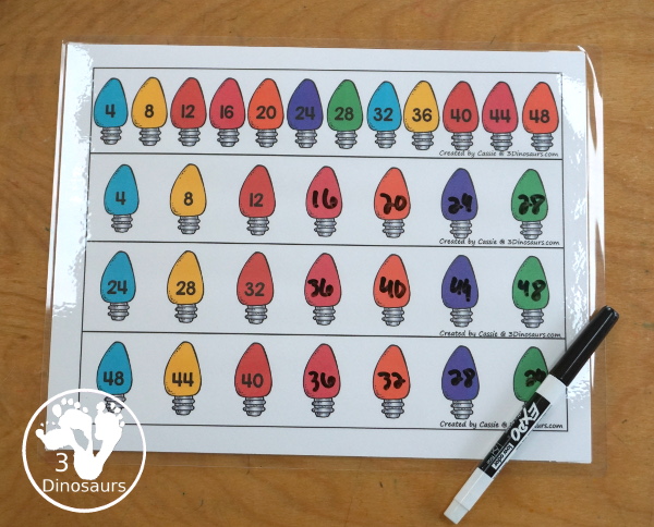 Free Christmas Light Counting Strips with skip counting from 1 to 12 with skip counting at least 12 times. You have skip counting forward and skip counting backward as well in the strips. You have three strips for each number, a skip counting Christmas light strip, plus a recording sheet. - 3Dinosaurs.com