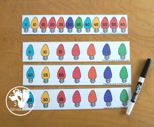 Free Christmas Light Counting Strips with skip counting from 1 to 12 with skip counting at least 12 times. You have skip counting forward and skip counting backward as well in the strips. You have three strips for each number, a skip counting Christmas light strip, plus a recording sheet. - 3Dinosaurs.com