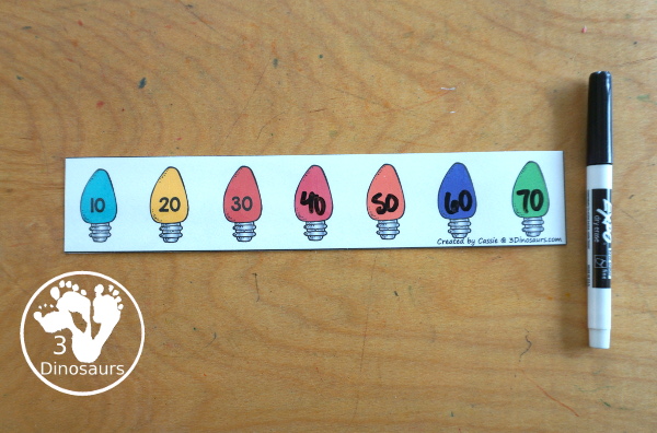 Free Christmas Light Counting Strips with skip counting from 1 to 12 with skip counting at least 12 times. You have skip counting forward and skip counting backward as well in the strips. You have three strips for each number, a skip counting Christmas light strip, plus a recording sheet. - 3Dinosaurs.com