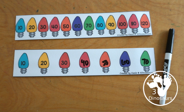 Free Christmas Light Counting Strips with skip counting from 1 to 12 with skip counting at least 12 times. You have skip counting forward and skip counting backward as well in the strips. You have three strips for each number, a skip counting Christmas light strip, plus a recording sheet. - 3Dinosaurs.com