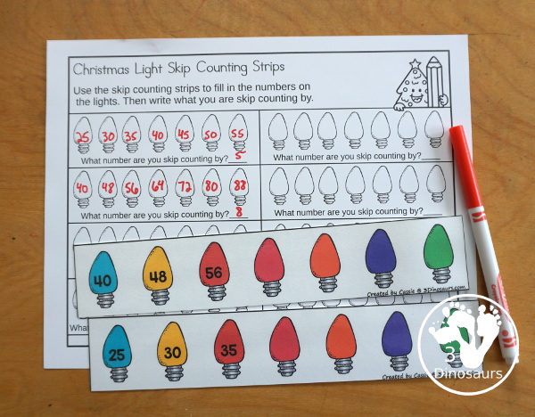 Free Christmas Light Counting Strips with skip counting from 1 to 12 with skip counting at least 12 times. You have skip counting forward and skip counting backward as well in the strips. You have three strips for each number, a skip counting Christmas light strip, plus a recording sheet. - 3Dinosaurs.com