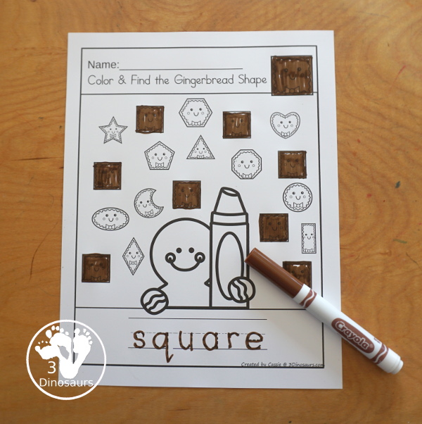 Gingerbread Color the Shape & Find the Shape Printable - has 12 shapes for kids to search and find the shape that matches the shape at the top and the shape word below that they can trace- 3Dinosaurs.com