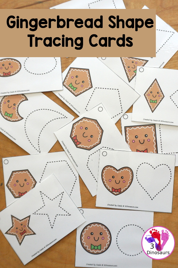 Free Gingerbread Shape Tracing Card Printable - has 12 shapes for kids to trace. You have a picture of the gingerbread man face with the shape, and then a shape to trace. 3Dinosaurs.com