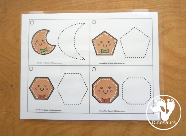Free Gingerbread Shape Tracing Card Printable - has 12 shapes for kids to trace. You have a picture of the gingerbread man face with the shape, and then a shape to trace. 3Dinosaurs.com