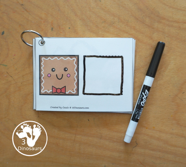 Free Gingerbread Shape Tracing Card Printable - has 12 shapes for kids to trace. You have a picture of the gingerbread man face with the shape, and then a shape to trace. 3Dinosaurs.com