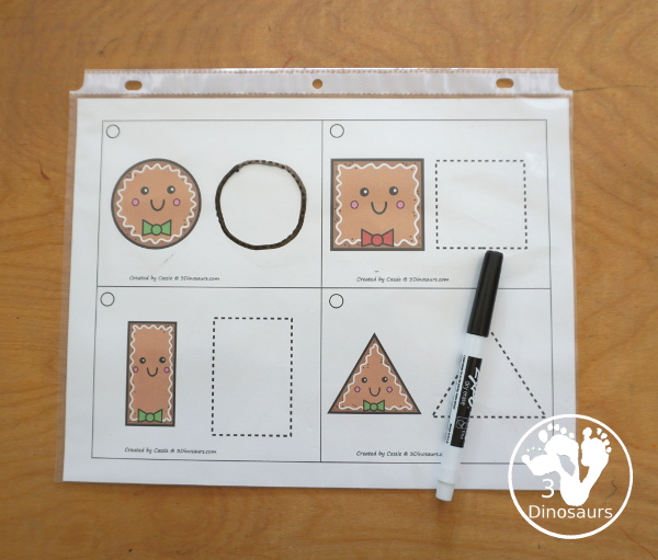 Free Gingerbread Shape Tracing Card Printable - has 12 shapes for kids to trace. You have a picture of the gingerbread man face with the shape, and then a shape to trace. 3Dinosaurs.com