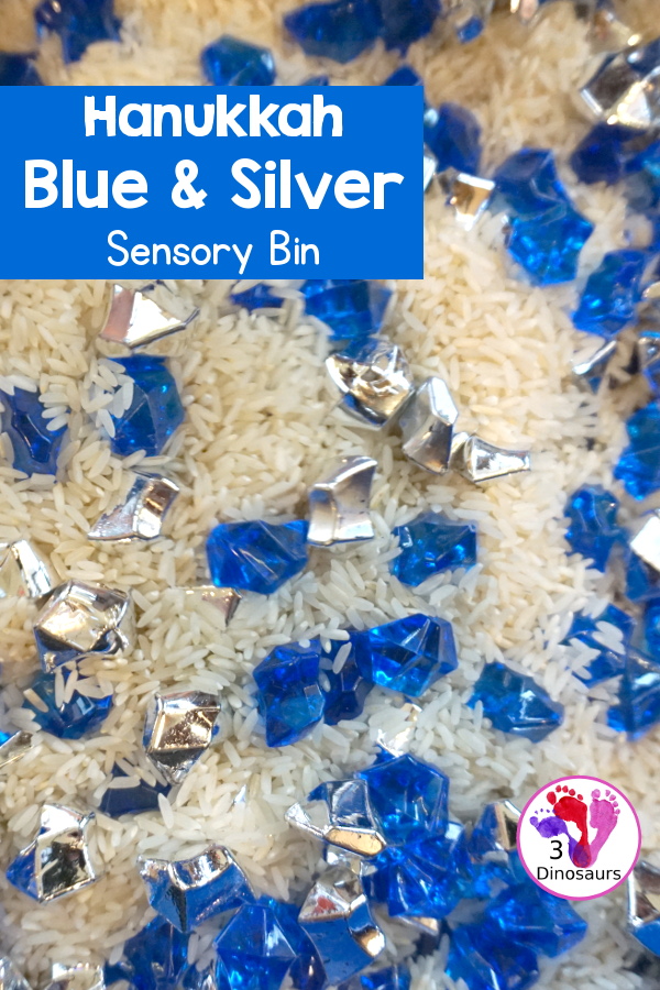 Hanukkah Blue & Silver Sensory Bin - a simple rice base sensory bin for Hanukkah with Blue and Silver that are Hanukkah colors. - 3Dinosaurs.com