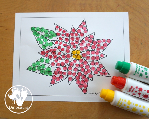 Free Poinsettia Fine Motor Mats - it has two poinsettia templates, a poinsettia tracing page, a poinsettia dot marker page, a poinsettia q-tip page, and a poinsettia template to cut out and make a poinsettia. A great fine motor set for kids - 3Dinosaurs.com