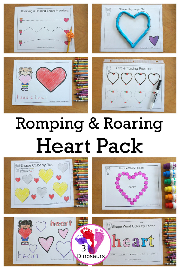 Free Romping & Roaring Heart Pack - 10 pages of activities - a mix of hands-on and no-prep printables for learning the heart shape - 3Dinosaurs.com