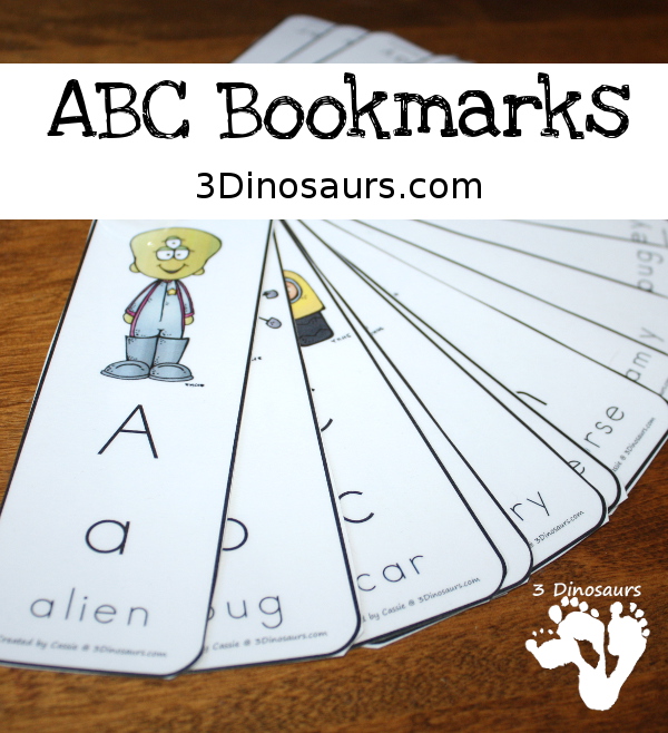 Free ABC Bookmarks - a bookmark for each letter of the alphabet with uppercase letter, lowercase letter and the word to match the picture on the bookmark. A great letter bookmark set for kids. - 3Dinosaurs.com