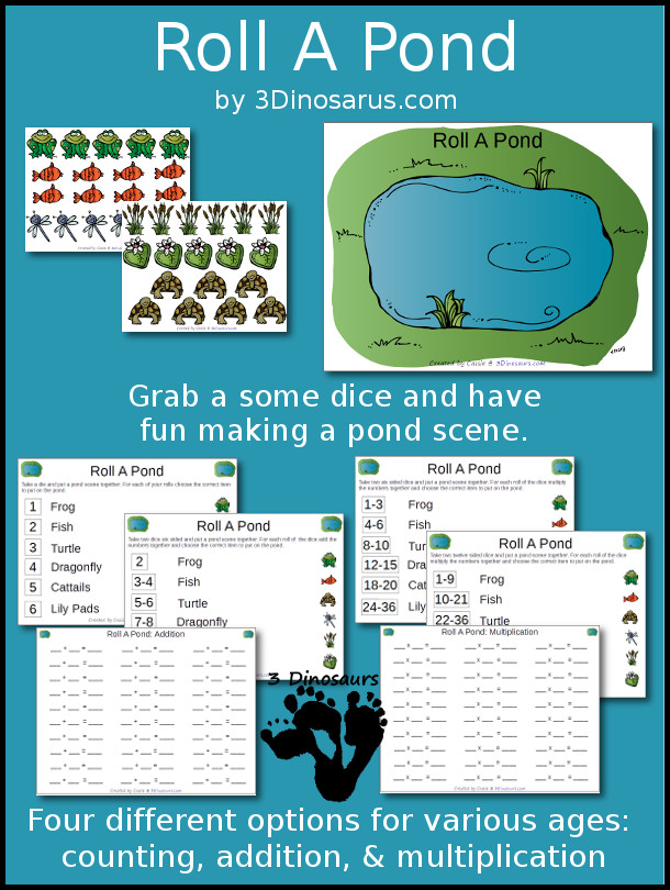 Free Roll A Pond Printable - 3 Levels of learning: counting, addition, and multiplication - 3Dinosaurs.com
