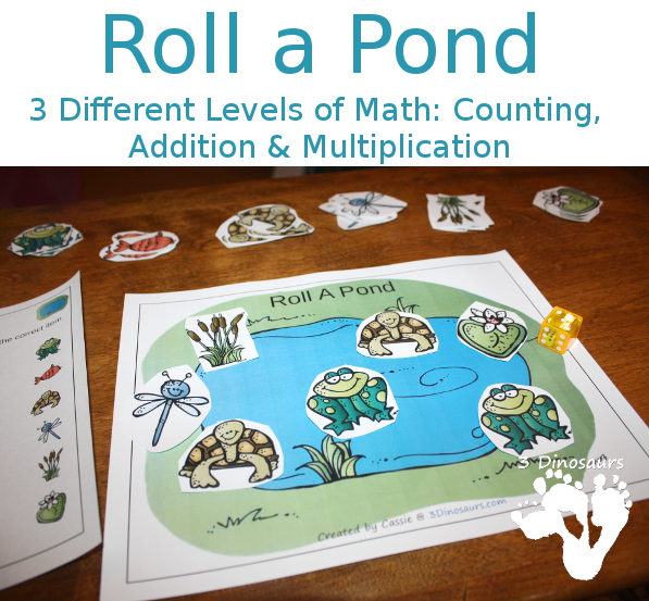 Free Roll A Pond Printable - 3 Levels of learning: counting, addition, and multiplication - 3Dinosaurs.com