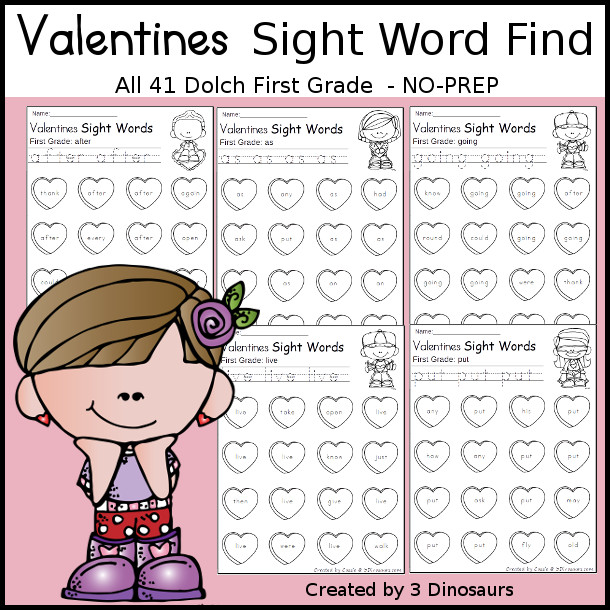 Valentiens Sight Word Find: First Grade - trace & dot the word - 3Dinosaurs.com