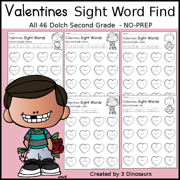 Valentines Sight Word Find: Second Grade - trace & dot the word - 3Dinosaurs.com