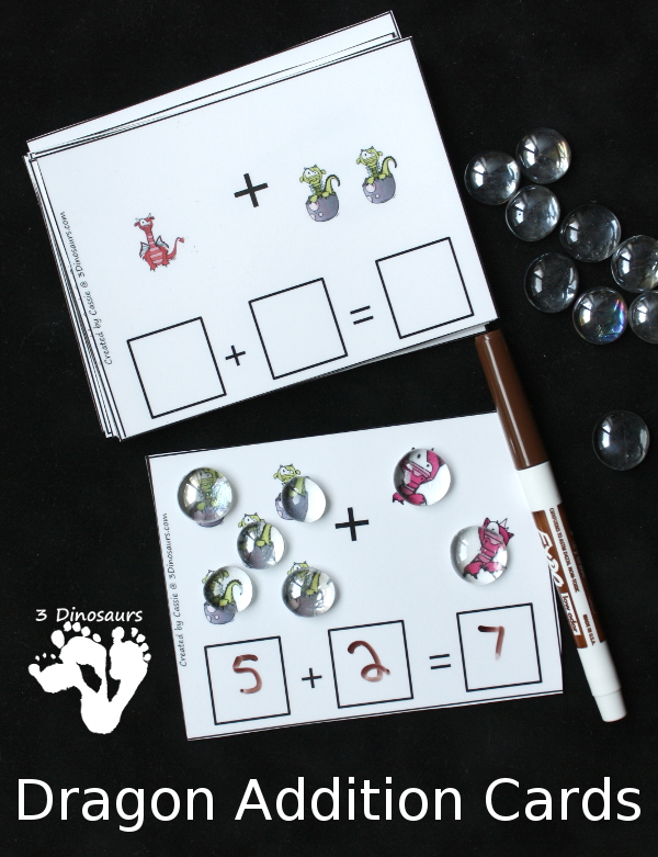 Free Roaring Fun Medieval Dragon Themed Addition Cards - 16 addition write on cards for kids to learn with - 3Dinosaurs.com