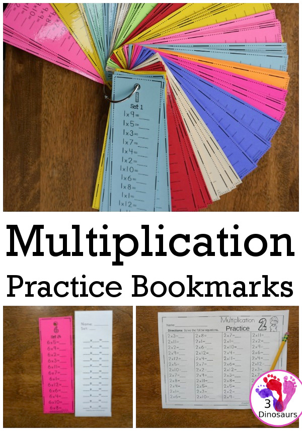 Multiplication Practice Bookmarks & No-Prep Worksheets - 68 bookmarks with answer key and matching worksheets for multiplication 1 to 12 - 3Dinosaurs.com