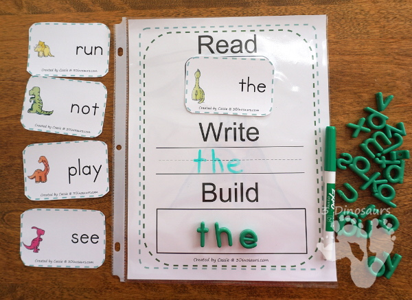 Dinosaur Themed Sight Word Activities - Puzzles, cards, tracing strips, writing strips and find - using the dolch sight word lists - 3Dinosaurs.com