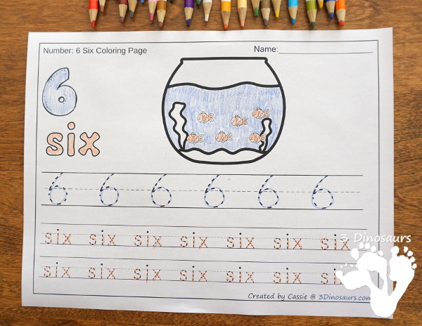 Fishbowl Number color and trace - it has 44 no-prep pritnables for kids to work on tracing or writing numbers - 3Dinosaurs.com