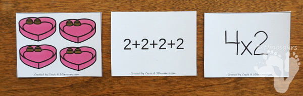 Free Valentines Multiplication by 2 Matching Cards - multiplication by groups of 2 with recording sheet for kids to match and record - 3Dinosaurs.com