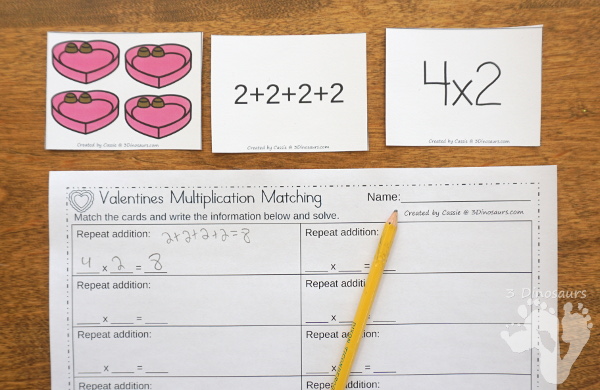 Free Valentines Multiplication by 2 Matching Cards - multiplication by groups of 2 with recording sheet for kids to match and record - 3Dinosaurs.com