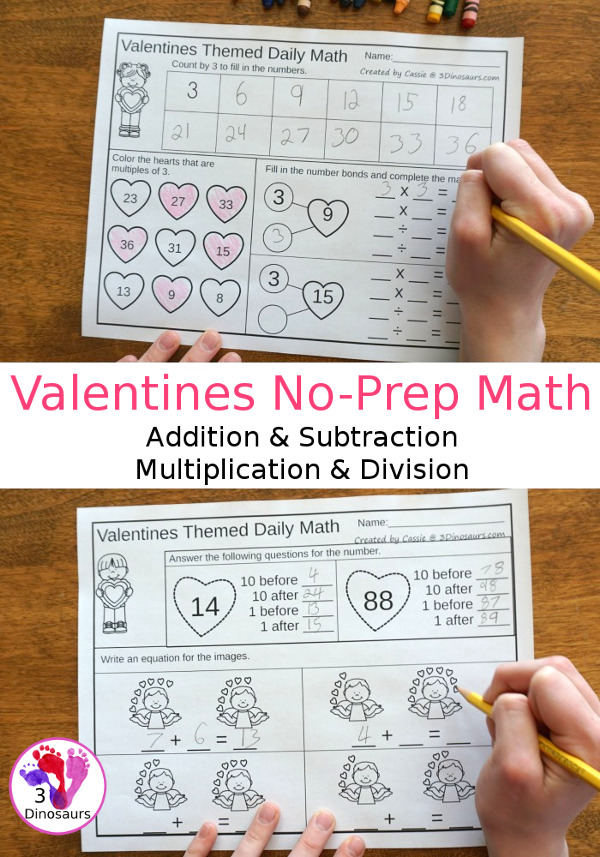 No-Prep Valentines Math Printables For Addition & Subtraction or Multiplication & Division - 30 pages in each set with review sheets at the end all in a Valetines theme with no cutting or prep work needed - 3Dinosaurs.com