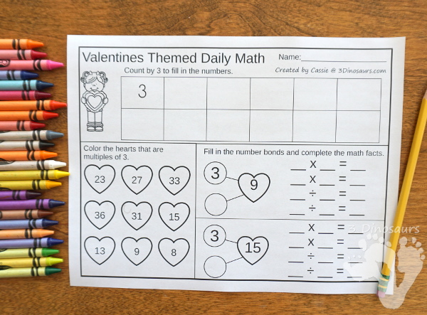No-Prep Valentines Math Printables For Addition & Subtraction or Multiplication & Division - 30 pages in each set with review sheets at the end all in a Valetines theme with no cutting or prep work needed - 3Dinosaurs.com