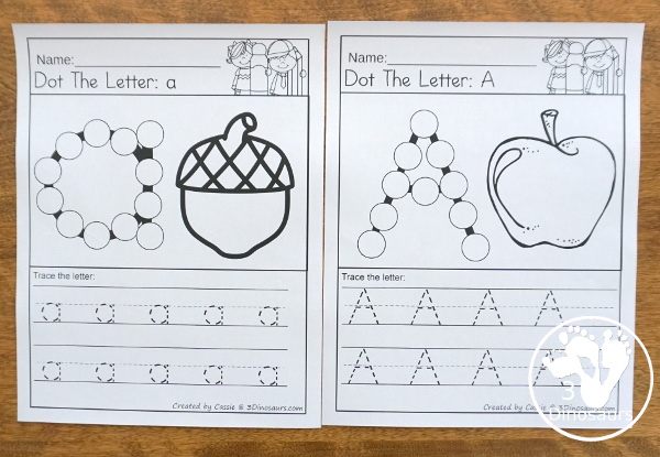 Free Alphabet Dot the Letter & Trace the Letter - all 26 ABC letters for kids to work on with uppercase or lowercase - 3Dinosaurs.com #dotmarker #freeprintable #abcs #kindergarten #prek