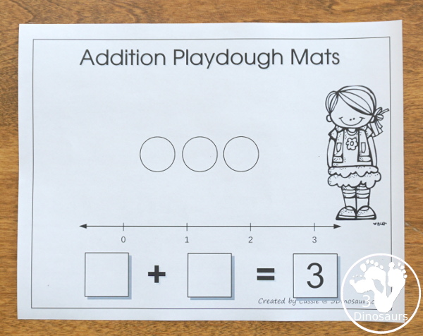 Free Addition 1 to 10 Playdough Mats - addition playdough mats with math from 1 to 10 with number line, equation, and matching circles for hands-on math - 3Dinosaurs.com #handsonmath #freeprintable #playdoughmat #addition #kindergarten #firstgrade