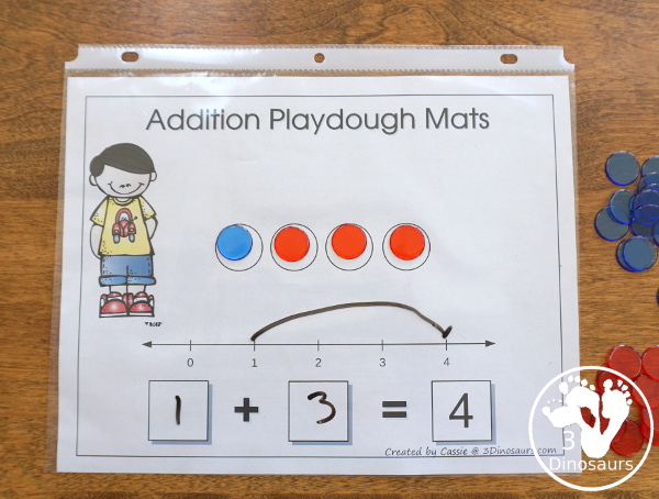 Free Addition 1 to 10 Playdough Mats - addition playdough mats with math from 1 to 10 with number line, equation, and matching circles for hands-on math - 3Dinosaurs.com #handsonmath #freeprintable #playdoughmat #addition #kindergarten #firstgrade