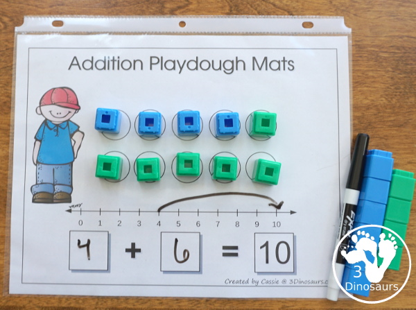 Free Addition 1 to 10 Playdough Mats - addition playdough mats with math from 1 to 10 with number line, equation, and matching circles for hands-on math - 3Dinosaurs.com #handsonmath #freeprintable #playdoughmat #addition #kindergarten #firstgrade