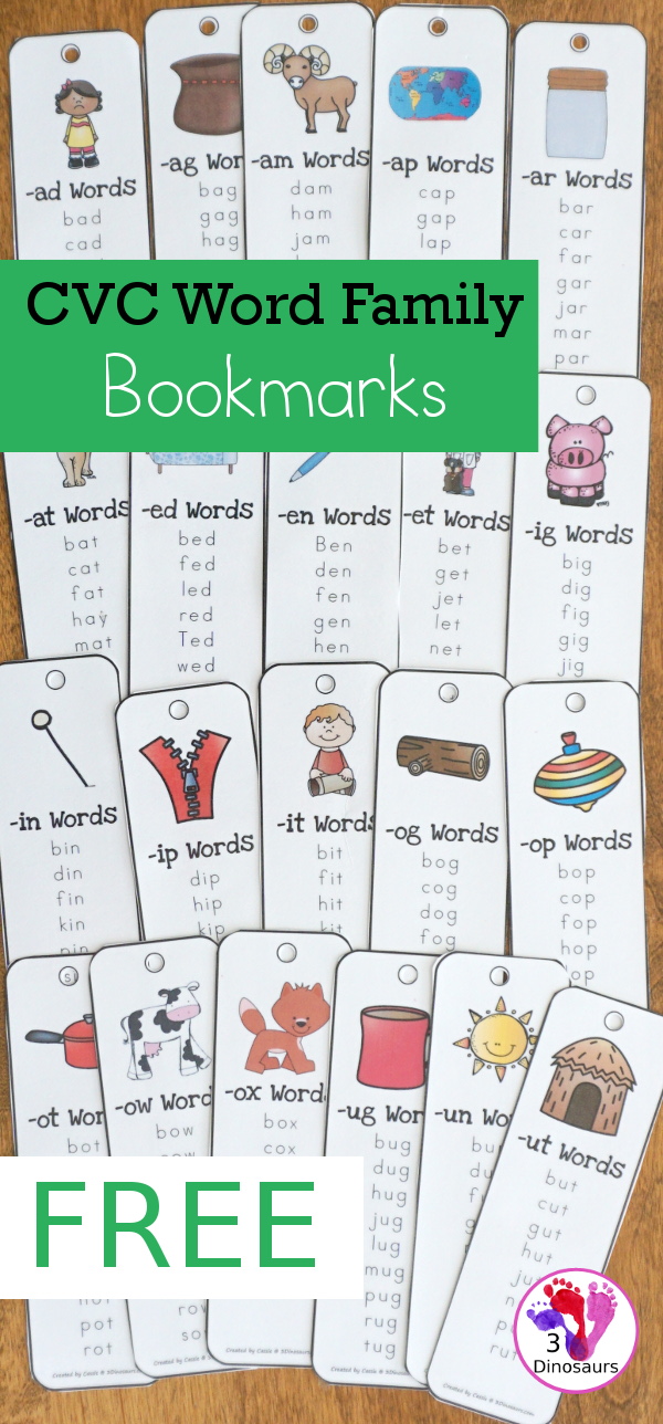 Free CVC Word Family Bookmarks. 4 Bookmarks per page - The following endings: -ad, -ag, -am, -an, -ap, -ar, at, -ed, -en, -et, -ig, -in, -ip, -it, -og, -op, -ot, -ow, -ox, -ug, -un, & -ut - 3Dinosaurs.com