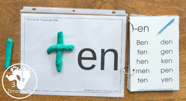 24 Free CVC Word Family Playdough Mats: -ad, -ag, -am, -an, -ar, -at, ay, -ed, -en, -et, -ig, -in, -ip, -it, -og, -op, -ot, -ow, -ox -oy, -ug, -un, -ut - Easy to use plus see a few ways to use the mats - 3Dinosaurs.com