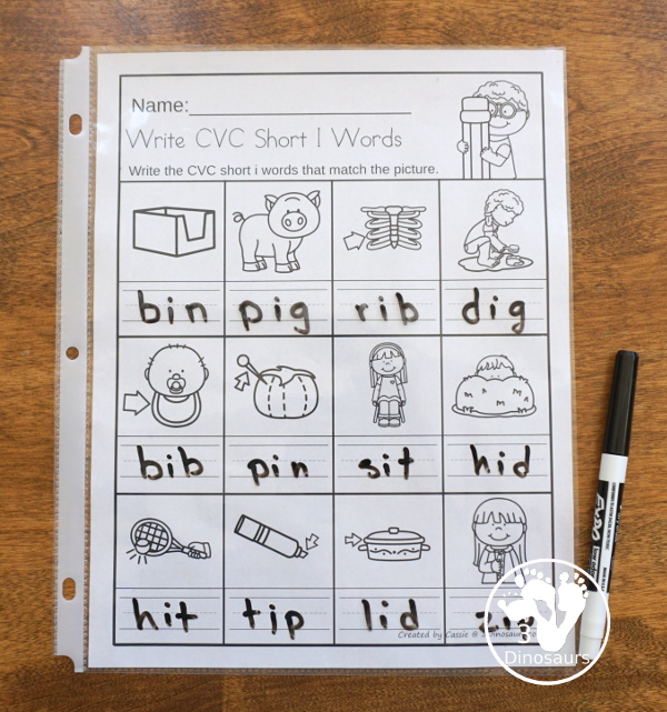 Free CVC Word Family Write the Words No-Prep Worksheet - 5 worksheets with CVC short vowel words and each page has one vowel sound - 3Dinosaurs.com  #3dinosaurs #kindergarten #firstgrade #cvc #wordfamily #learningtoread #shortvowels #freeprintable