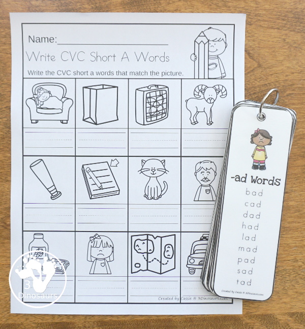 Free CVC Word Family Write the Words No-Prep Worksheet - 5 worksheets with CVC short vowel words and each page has one vowel sound - 3Dinosaurs.com  #3dinosaurs #kindergarten #firstgrade #cvc #wordfamily #learningtoread #shortvowels #freeprintable