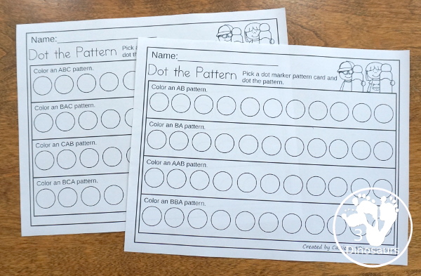 Free Dot the Pattern Printables - a fun pattern set with a mix of hands-on and no-prep pages for working on ABC and AB patterns for kids in preschool and kindergarten - 3Dinosaurs.com  #3dinosaurs #preschool #kindergarten #patternsforkids #freeprintable