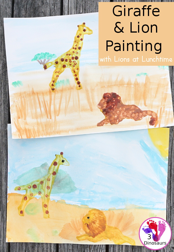 Giraffe & Lion Painting with Lions at Lunchtime - a fun watercolor and cookie cutter painting activity to make an African animal scene - 3Dinosaurs.com