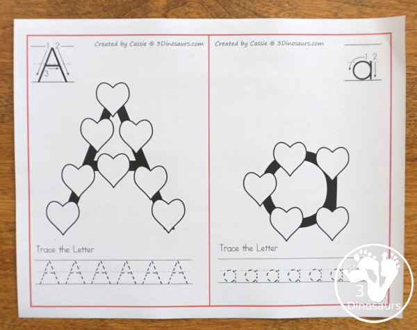 Free Heart ABC Letter Cards With Tracing - all 26 letters of the alphabet with hearts on the letters with tracing below - 3Dinosaurs.com #valentines #abcs #kindergarten #prek