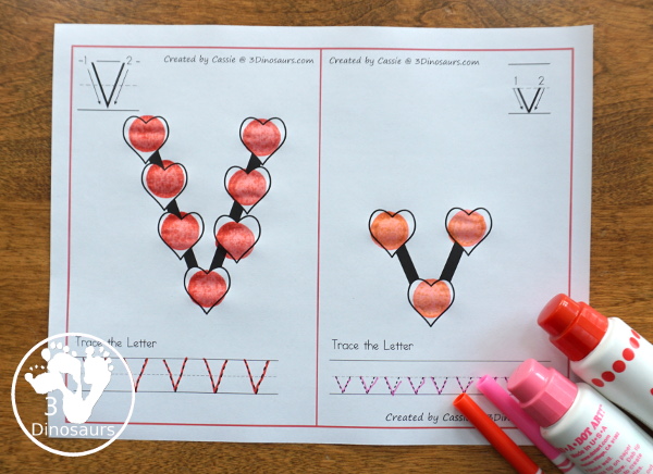 Free Heart ABC Letter Cards With Tracing - all 26 letters of the alphabet with hearts on the letters with tracing below - 3Dinosaurs.com #valentines #abcs #kindergarten #prek