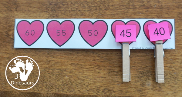 Free Heart Skip Counting Strips: a fun chnage to use numbers to clip onto the hearts - 3Dinosaurs.com #skipcounting #freeprintable